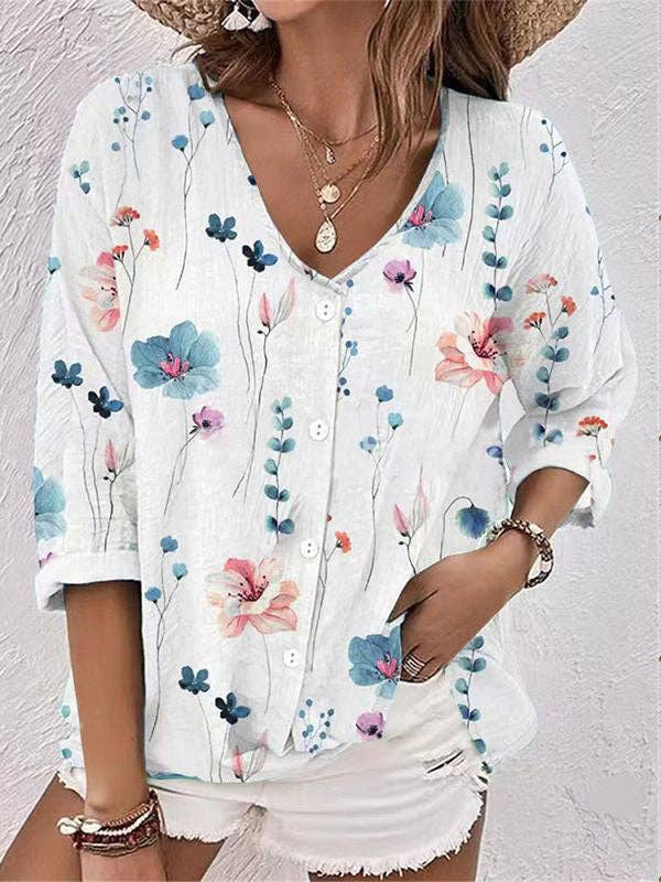 Long Sleeves Loose Buttoned Flower Print V-Neck Blouses&Shirts Tops for wholesale by VividLux