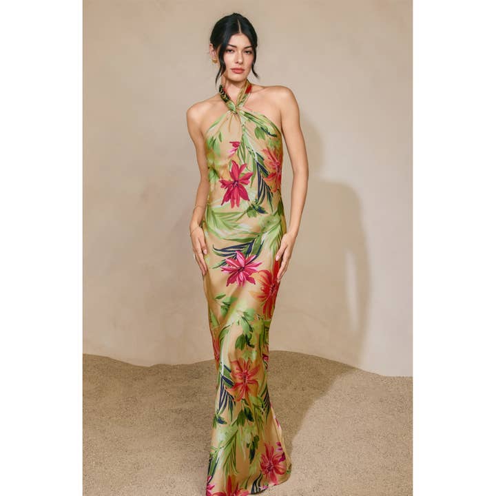 Rainforest Leaf Halter Neck Open Back Maxi Dress for wholesale by Dress Forum