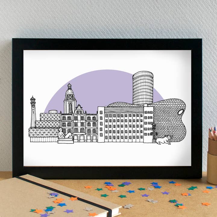 Birmingham Skyline Landmarks Art Print - unframed for wholesale by Becka Griffin Illustration