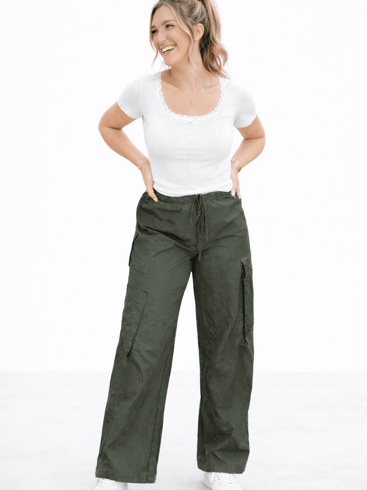 Archer Asymmetrical Pocket Wide Leg Cargos for wholesale by Girl Code Couture