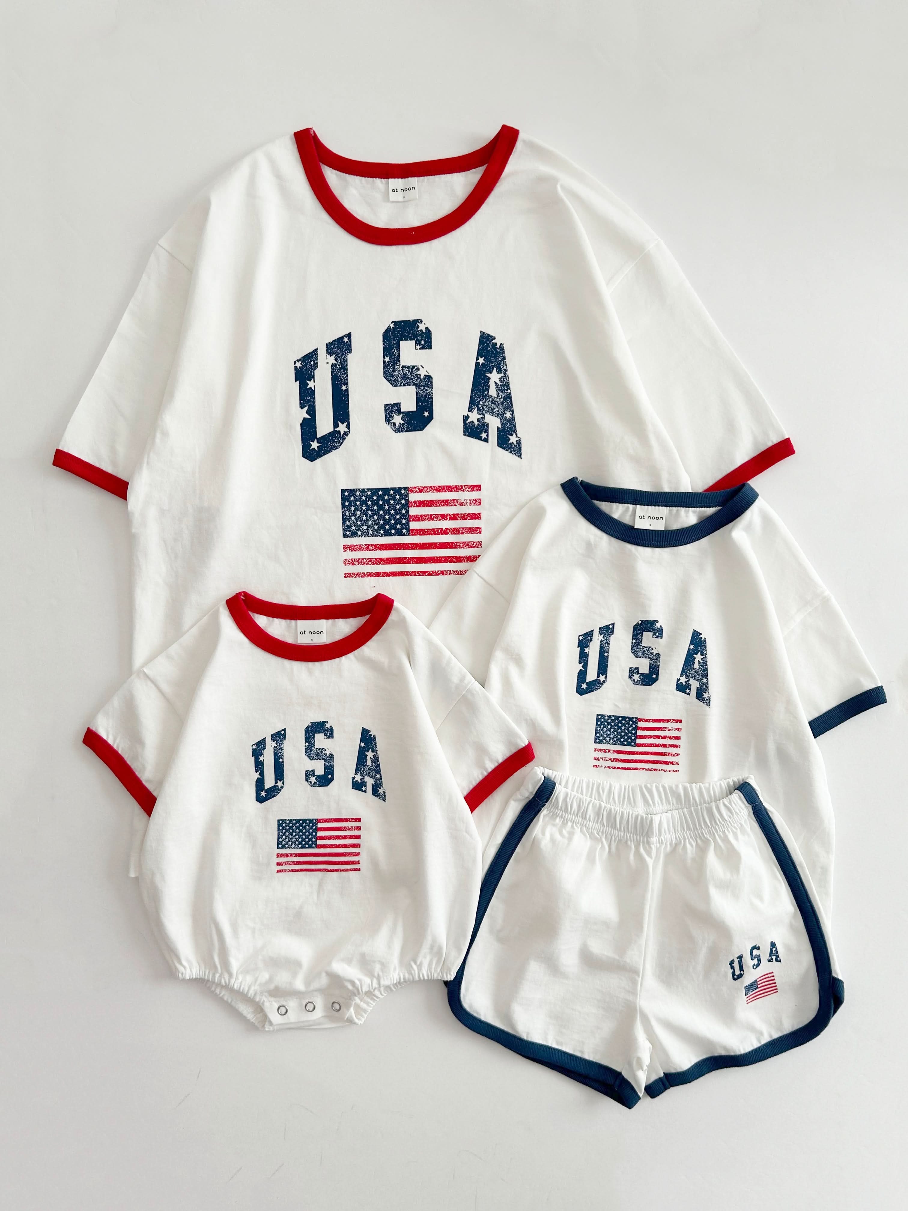 At Noon - Wholesale Top en short set - Kinderen - [At Noon Original Design] Kinderen Vintage Print USA Ringer T-shirt en Shorts Set (8m-7j) - 3 Kleuren4