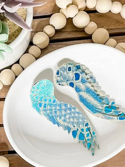 Blue Snake Skin Angel Wings Leather Earrings for wholesale by LC Designs