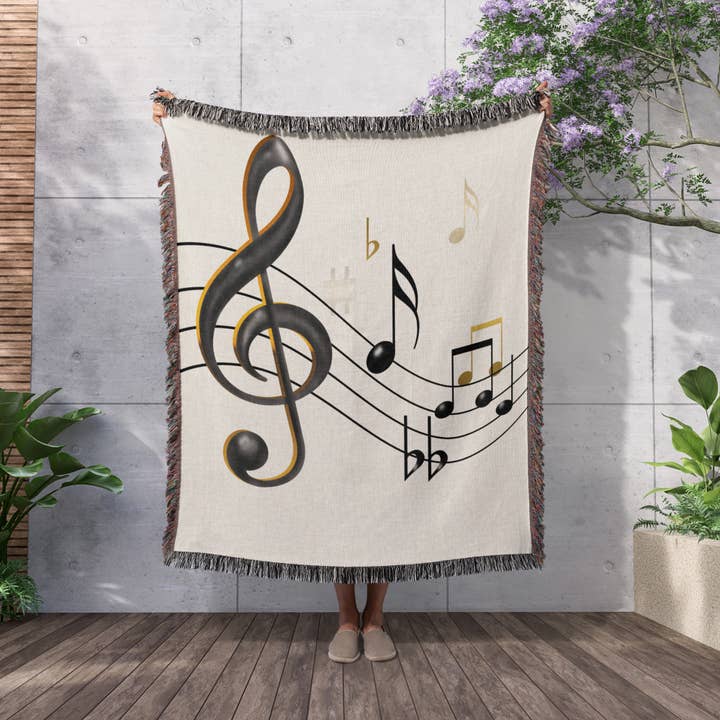3dRose - Wholesale Throw Blanket - 3dRose, Music notes Clef, sixteenth, quarter notes, beamed notes, flats and sharps in black and gold, Blanket2