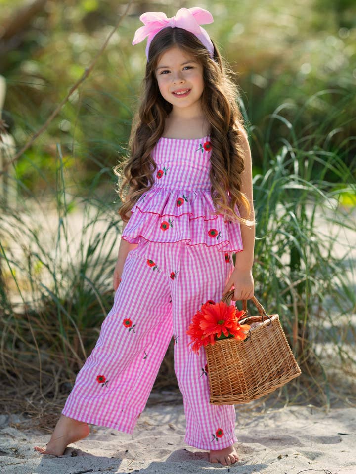 Pink Beach Blossom Gingham Embroidered Peplum Top and Pants Set for wholesale on Faire