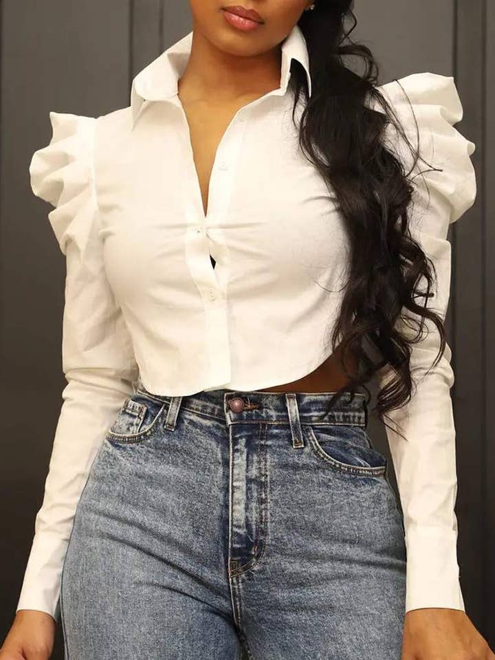 WHITE puff sleeve buttoned crop top for wholesale on Faire2