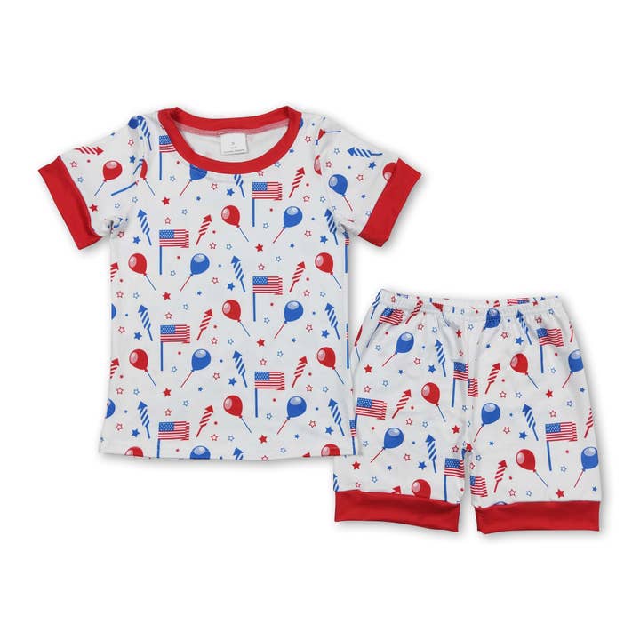Short sleeves balloon flag boys 4th of july pajamas for wholesale by Yawoo Garments