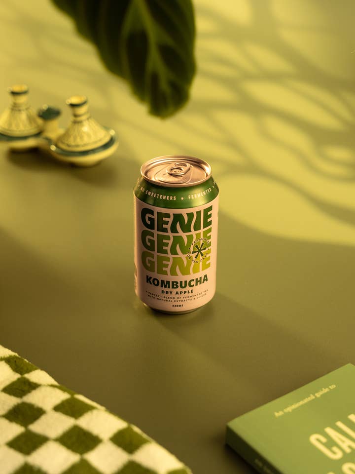 Genie Living Drinks Dry Apple Kombucha – Award-Winning, 10-Day Fermented for Gut Health, Vegan, No Sweeteners, Low-Calorie, Natural Energy – 12 x 330ml Cans (UK-Made) for wholesale by Genie Drinks