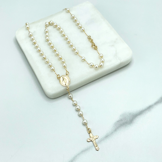 Luxus Accessories - Wholesale Prayer Beads Necklace - 18k Gold Filled 5mm Pearls La Milagrosa, Miraculous Virgin Rosary Necklace1