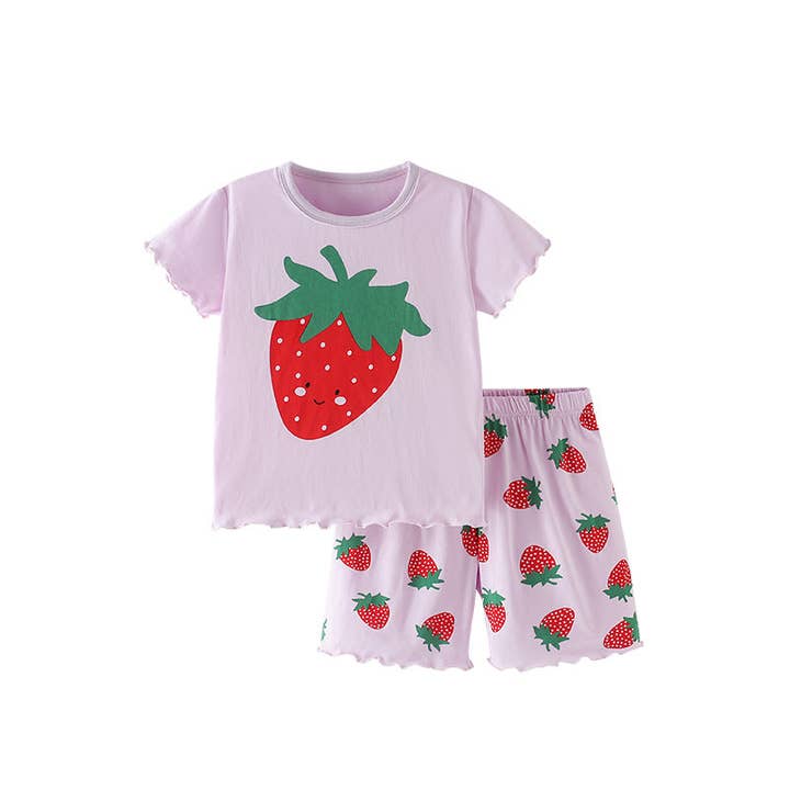 Set di abbigliamento estivo per bambine con maglietta e pantaloncini a motivo fragola e cartone animato. per la vendita all'ingrosso da parte di MyKids-USA®
