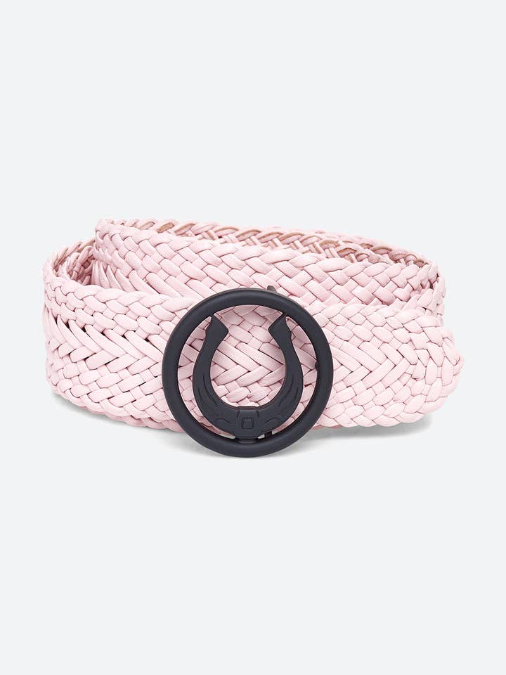 Ceinture porte-bonheur pour femme en rose pivoine, boucle fer à cheval noir mat pour la vente par Gaucho Buenos Aires