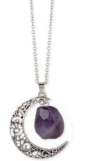 Gypsy Rose - Wholesale Pendant/Charm Necklace - Antiqued Silver Moon Raw Amethyst Long Necklace