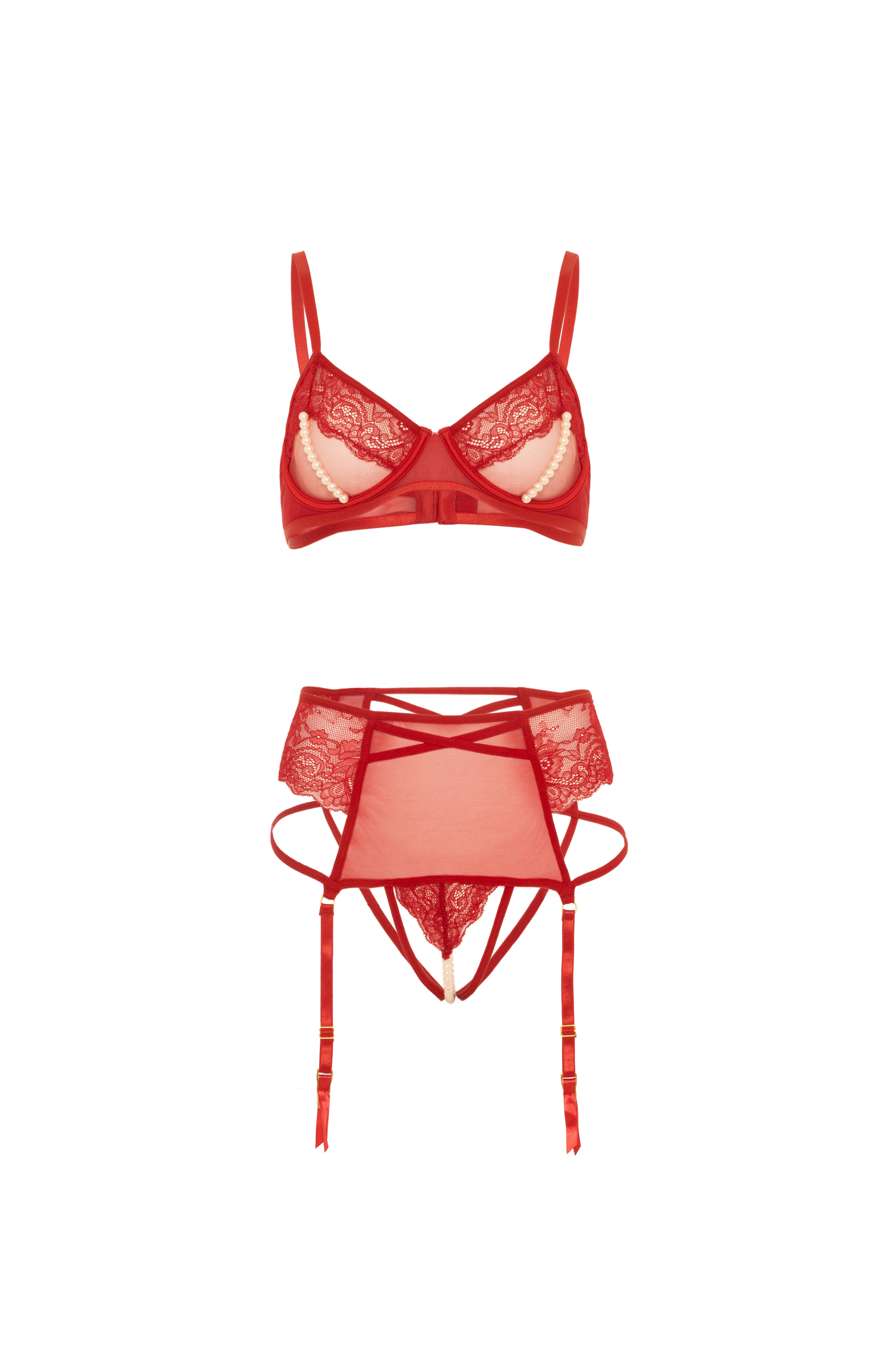 Red ALYSSA LACE/PEARLS OPEN CUP 2PC BRA SET for wholesale on Faire5
