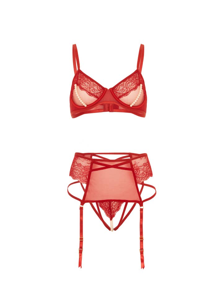 Red ALYSSA LACE/PEARLS OPEN CUP 2PC BRA SET for wholesale on Faire5