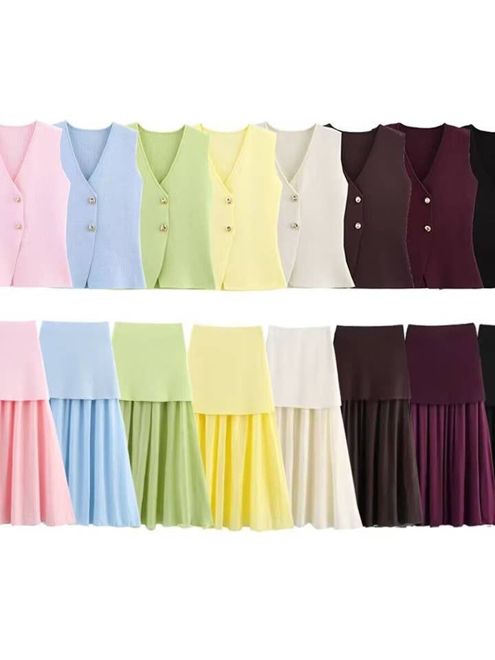 V-Neck Gold Button Knit Vest Pleated Skirt Suit for wholesale by Hope & Sunshine