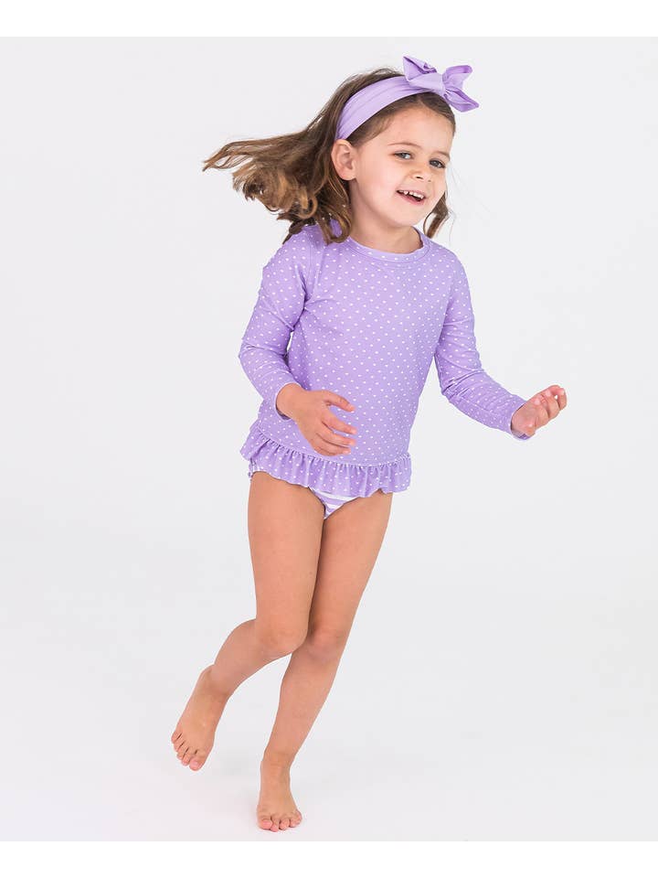 Purple Girls Lavender Heart Polka Dot Long Sleeve Rash Guard 2-Piece Swimsuit with Signature Rear Ruffles
for wholesale on Faire