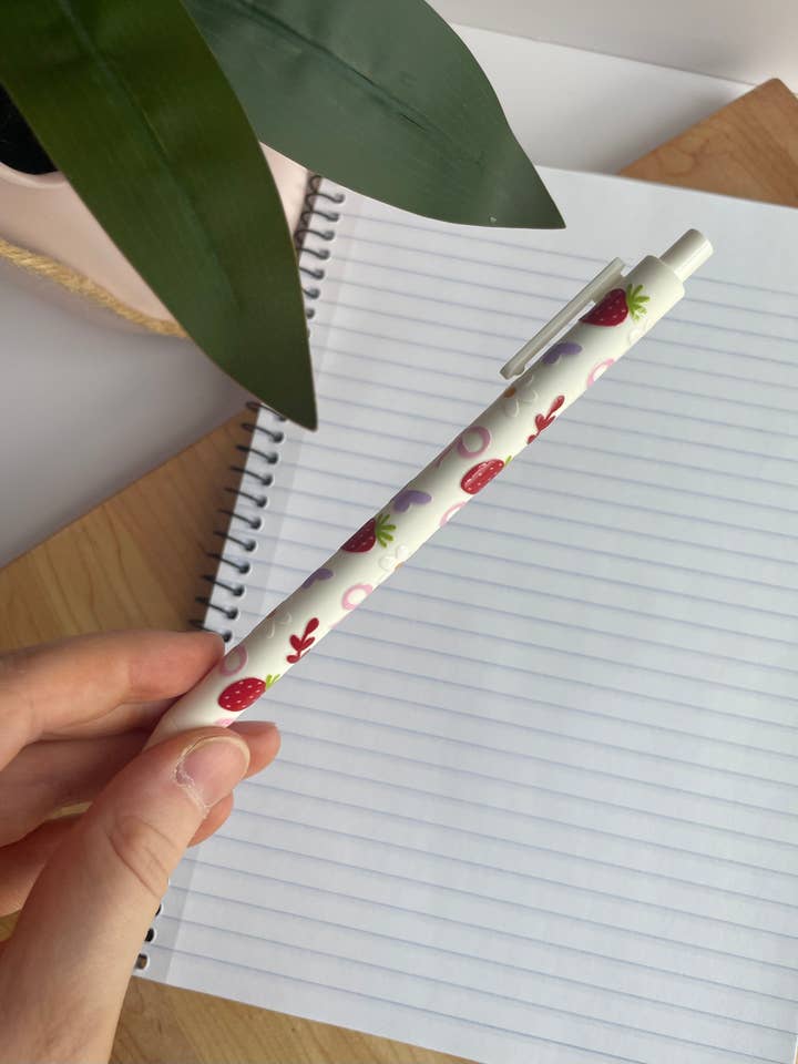 Strawberry and Flower Doodles Black Ballpoint Pen for wholesale by DesignedbyKendal