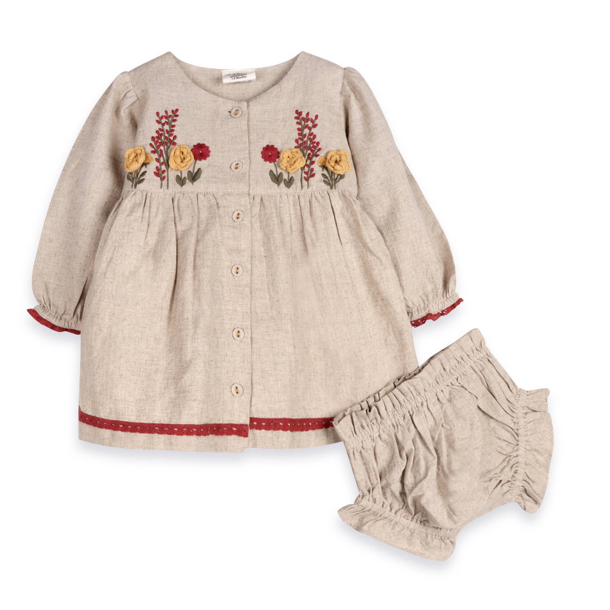 Natural Ravello Embroidered Baby Dress & Bloomer (Linen Blend) for wholesale on Faire0