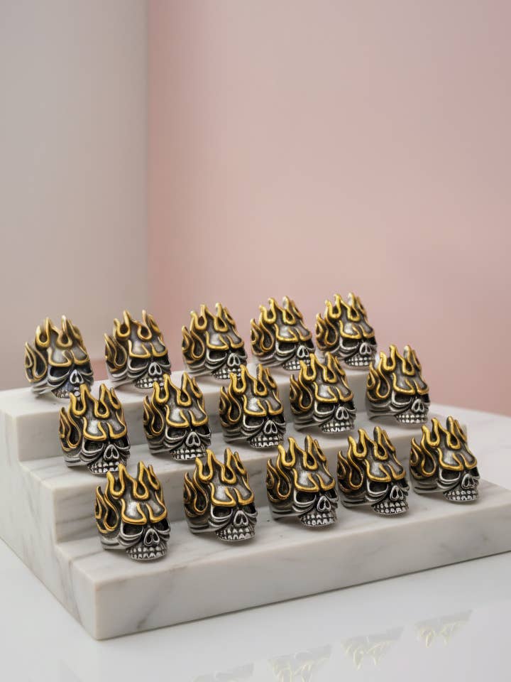 Flame Skull Stainless Steel Men's Biker Ring for wholesale by Arya Jewellery Wholesale