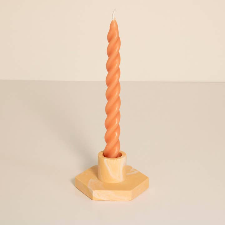 Orange & White Marbled Jesmonite Hexagon Candlestick Holder for wholesale by Lunar Living