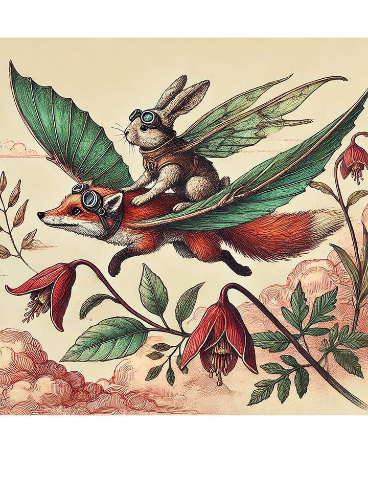 Whimsical Animal Art Print, Fox & Rabbit illustration 12x13 for wholesale by Thistle and Tale Press