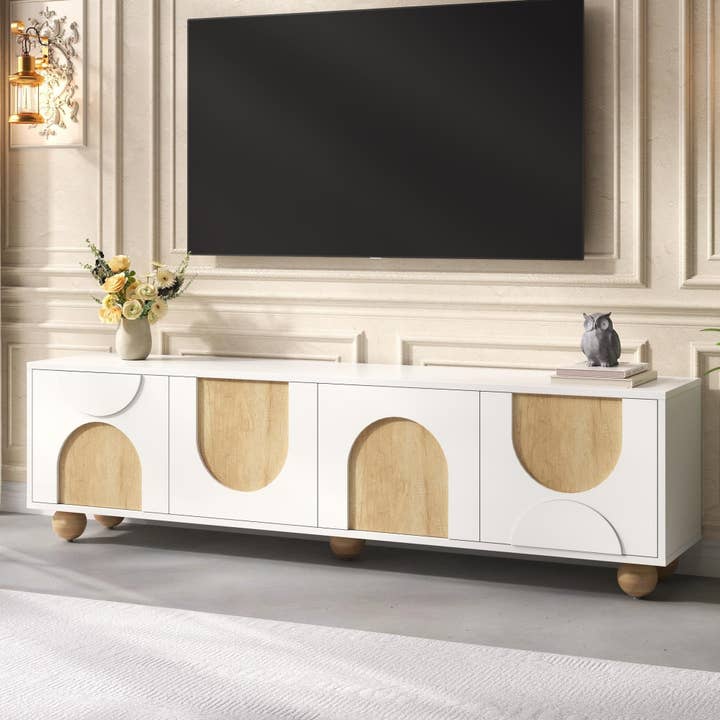 HOMYCASA DESIGN INC - Wholesale Console Table - Farmhouse TV Stand with Cable Holes for TVs up to 75', Cream Style Media Console with Rebound Device, Elegant Entertainment Center with 5 Solid Wood Legs for Living Room, Bedroom, White, 69.6'W