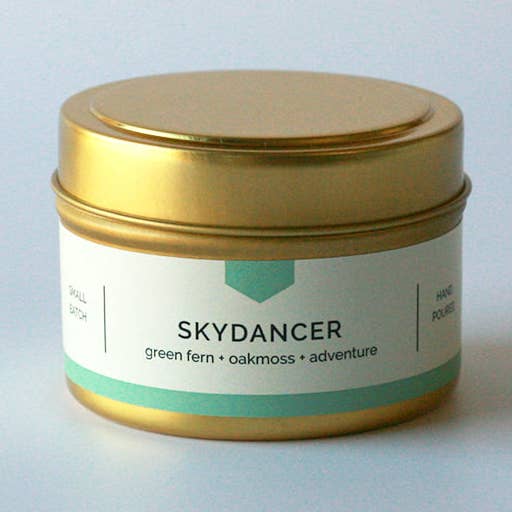SKYDANCER Gold Travel Tin Soy Candle - Oakmoss + Fern, Hand-Poured (4 oz) for wholesale by Vacant Wheel