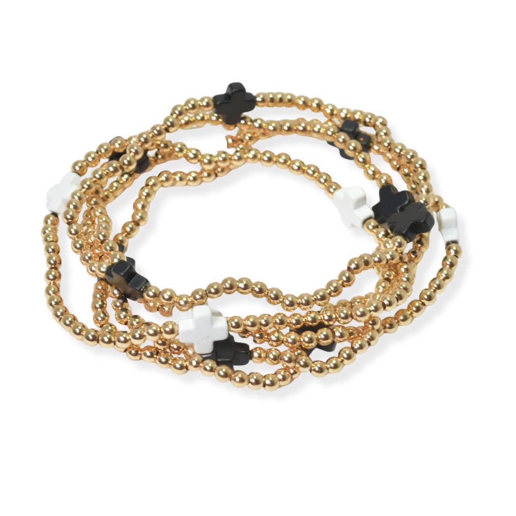 SOPHIA WHOLESALE - Wholesale Beaded Bracelet - Multi layered gold bead stretch bracelet with cross accent n17