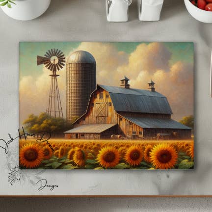 Sunflower Farm Yard - Fall Decor - Glass Cutting Board for wholesale by Dark Horse Dream Designs LLC
