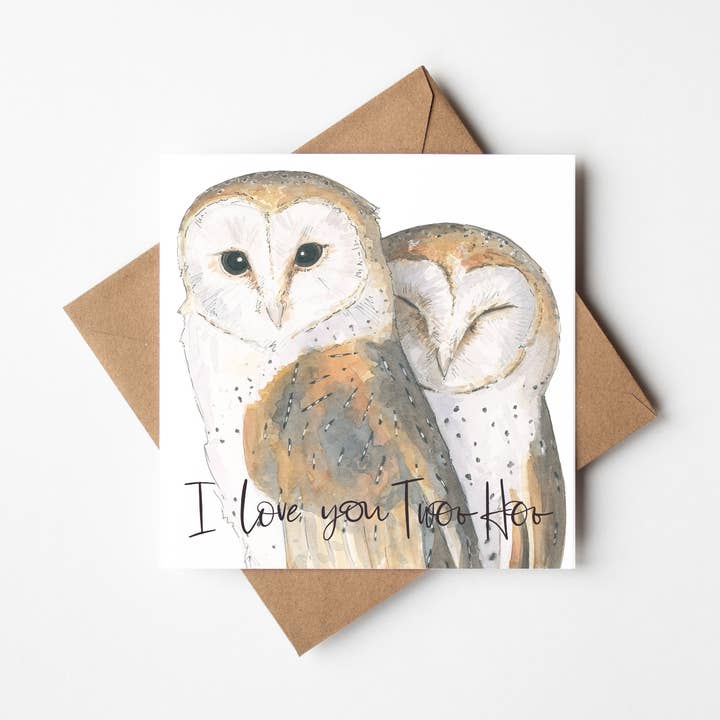Tarjeta de San Valentín, romance o aniversario con la palabra «I Love You Twoo Hoo» para venta al por mayor de By Antonia Illustration