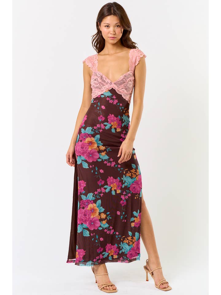 Blue Blush - Wholesale Dress - Women's - IBD30145 MESH FLORAL PRINT LACE DETAIL SIDE SLIT MAXI DRESS