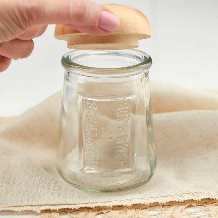 Factory Direct Craft - Wholesale Jar - Embossed Glass Jar w/ Domed Natural Wood Lid - Select Saying