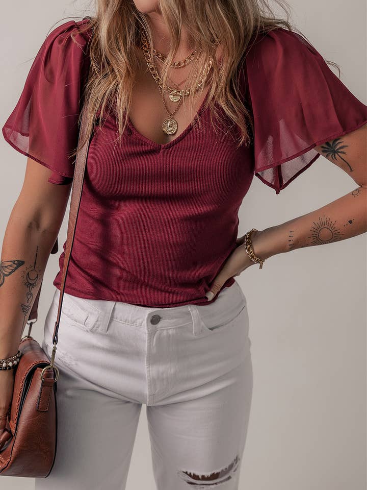 FULL TIME PURCHASE - Wholesale Blouse - Women's - Mesh Ruffled Sleeve Slim Fit V Neck Top2