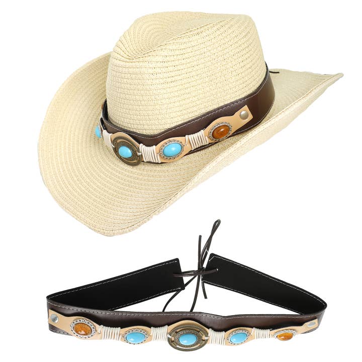 SP Sophia Collection - Wholesale Hat Accessory - Women's - Western Turquoise Concho woven Leather Hat Band