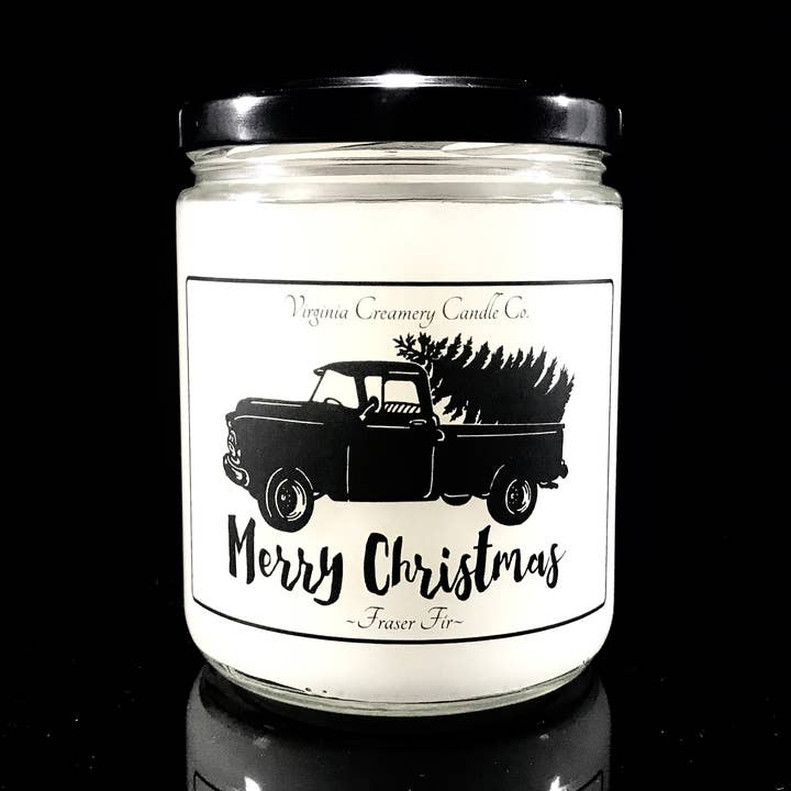 SD1-Merry Christmas Truck 16oz Jar for wholesale by Virginia Creamery Candle Co.