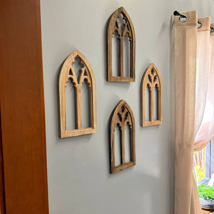Zeckos - Wholesale Wall Accent - Set of 2 Washed Wood Gothic Arch Window Frame Wall Hangings 20