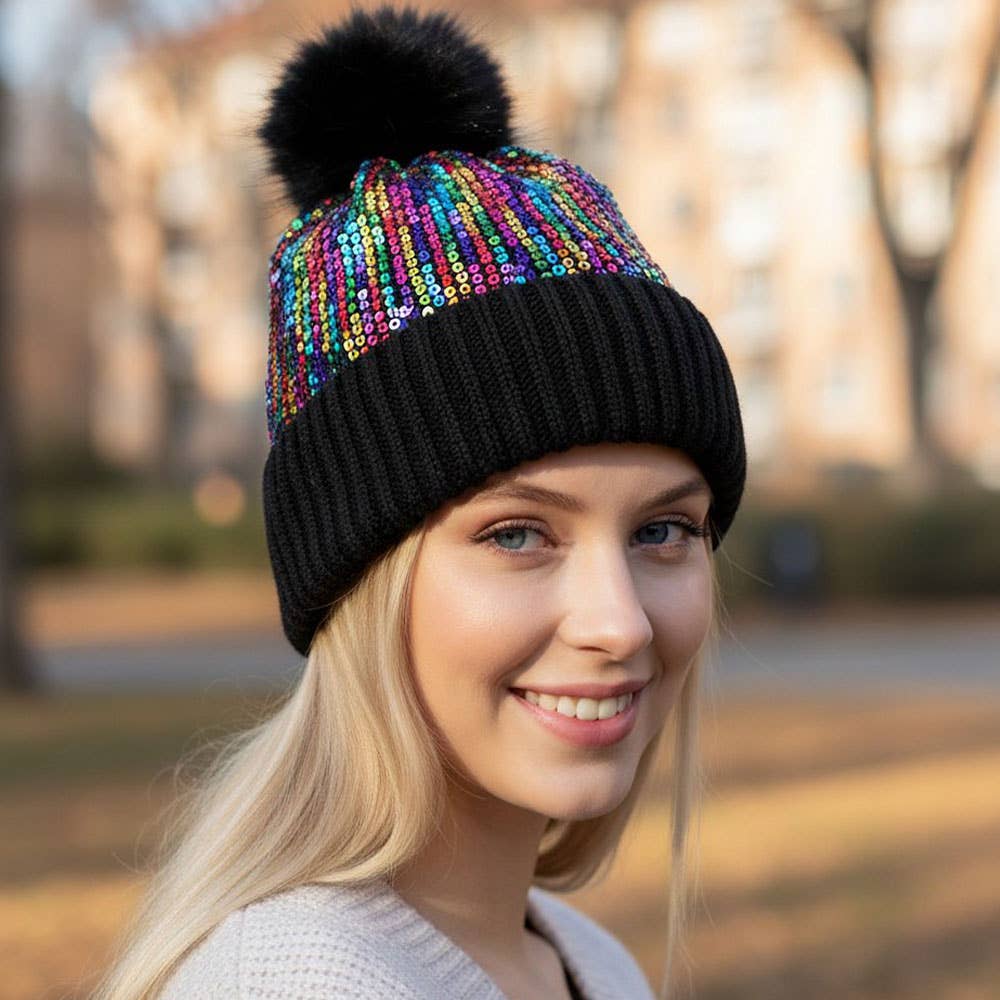 Sensibling Corp. - Wholesale Beanie - Women's - Sequin Embellished Pom Pom Beanie Hat1