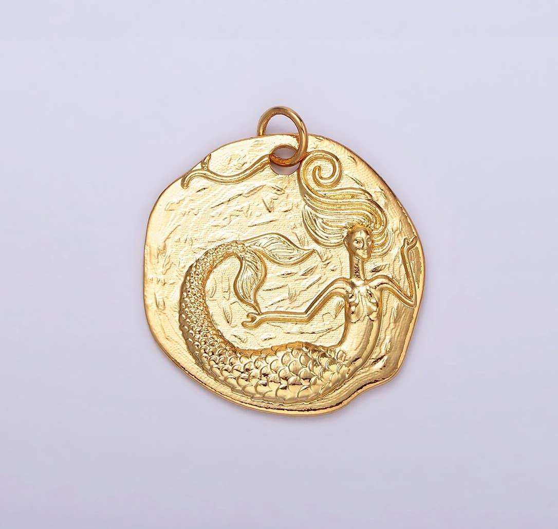 Beads Creation - Wholesale Individual Charm/Pendant - Gold Filled Ocean Mermaid Textured Round Coin Charm, CP19210