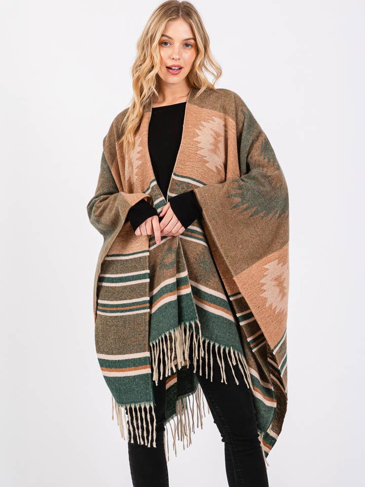 Aztec Pattern with Fringe Ruana Winter Kimono for wholesale by Hana