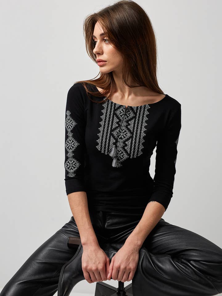 Embroidered T-Shirt Long Sleeve Hutsulka Black for wholesale by Handmade Originals Ukraine