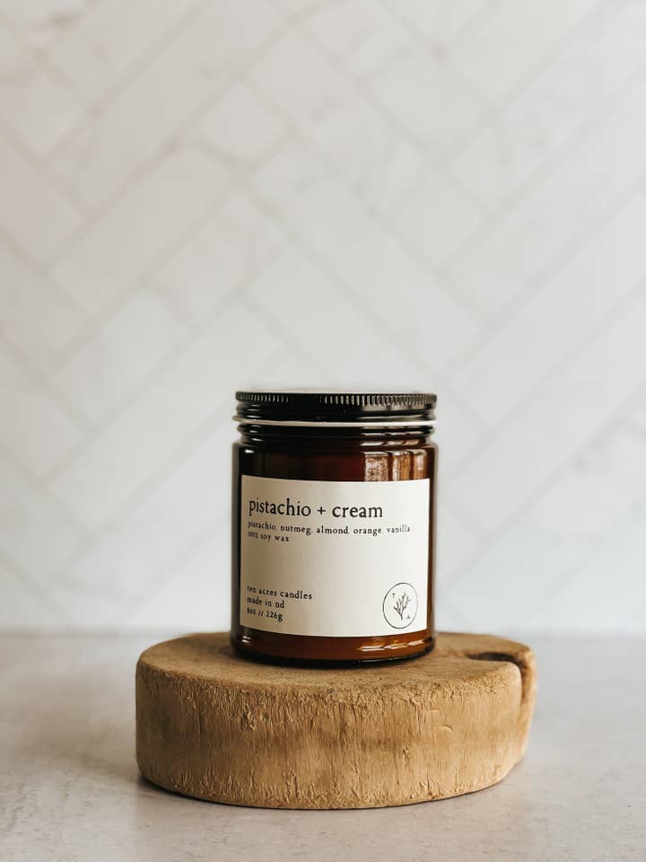 Pistachio + Cream // 8oz soy candle for wholesale by Ten Acres Candles