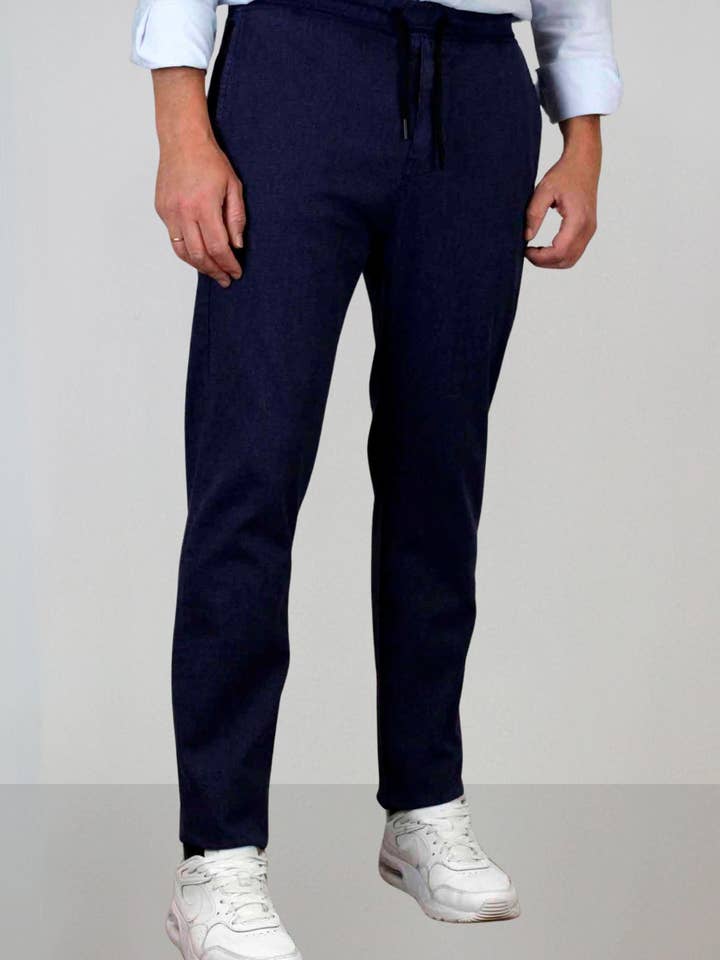 Calças chino azul marinho estruturadas com elastano para homens por atacado de Patadegayo