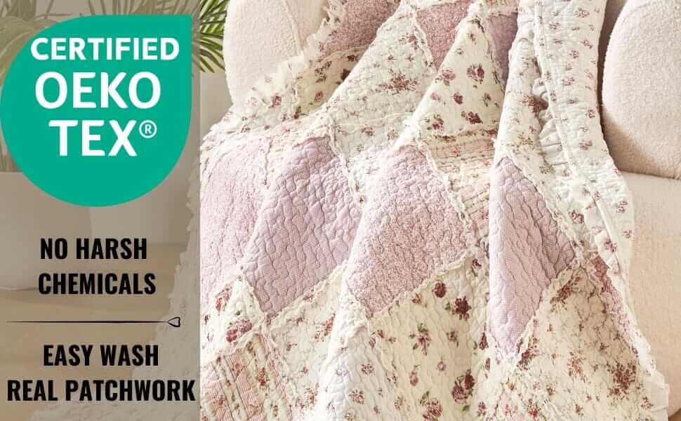 DaDalogy Bedding - Wholesale Throw Blanket - DaDalogy Cotton Patchwork Throw Blanket - Floral Cottage Quilted Reversible Blush Pink & Cream Shabby Chic Botanical Ruffle Design - Vintage Garden Rose Pastel Accents (3031)- 50 x 602