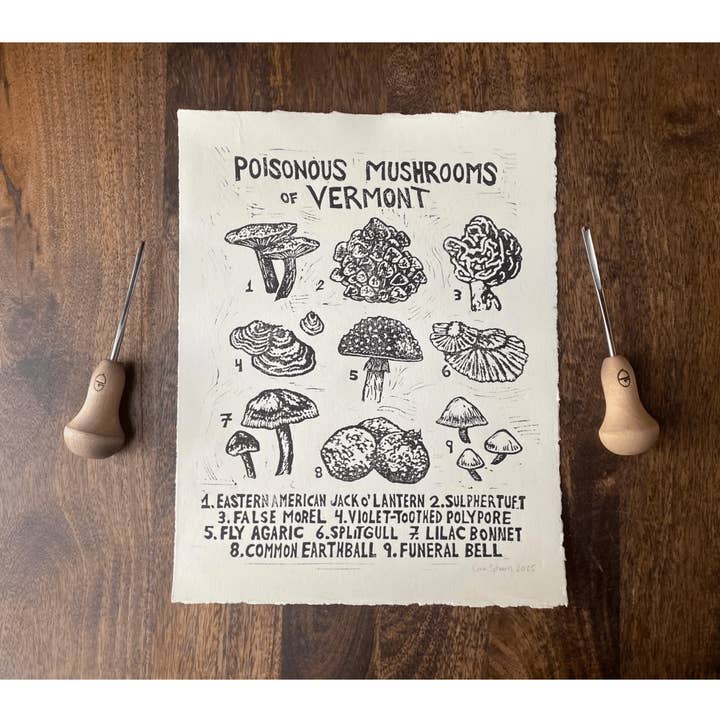 Poisonous Mushrooms of Vermont - Original Linocut Print for wholesale by Made By Cora Wren