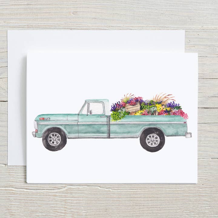 Camion d'epoca con fiori, cartolina dipinta a mano, cartolina primaverile per la vendita all'ingrosso da parte di Liz Pope Designs