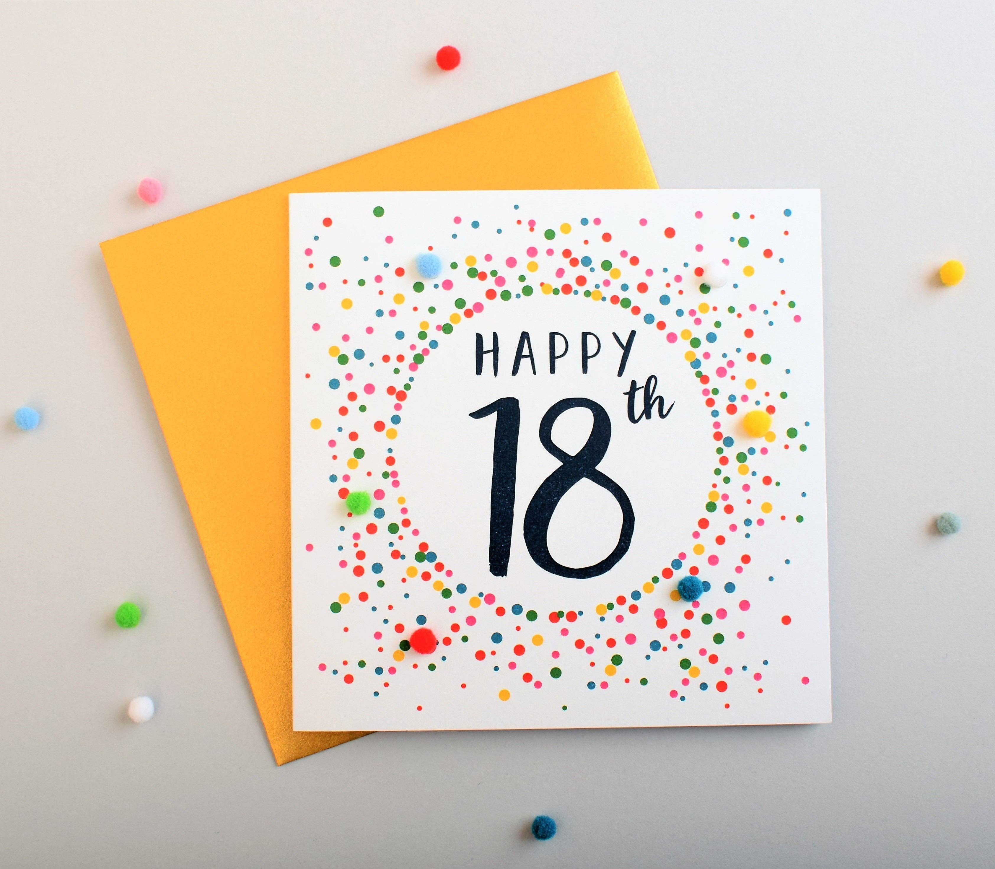 Claire Giles Ltd - Wholesale Birthday Card - Birthday Card, Dotty 18, 18th, Embellished with colourful pompoms1