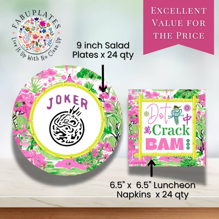 Fabuplates – Engroshandel Engangstallerken – Mahjong Pink/Grønne Tallerkener + Servietter | Kurateret Bundt Mulighed1