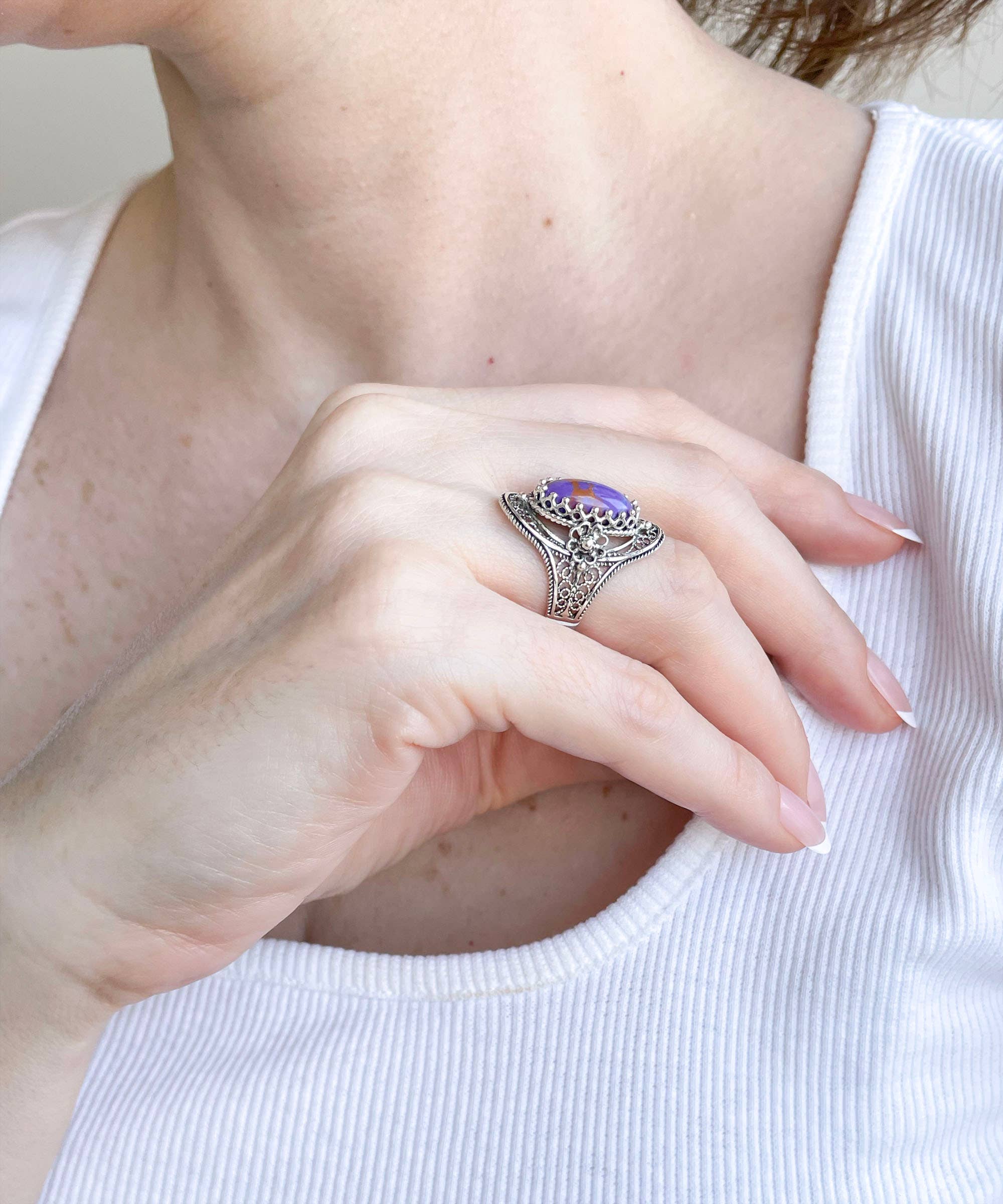 Filigranist Jewelry - Vente Bague de cocktail/de cérémonie - Bague de cocktail en argent sterling pour femme en forme de filigrane Mojave, turquoise, pierre précieuse8