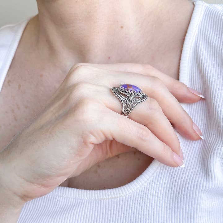Filigranist Jewelry - Vente Bague de cocktail/de cérémonie - Bague de cocktail en argent sterling pour femme en forme de filigrane Mojave, turquoise, pierre précieuse8