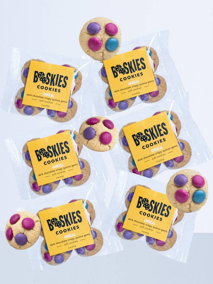 Dark Choc. Quinoa Crispy Gems Cookie Mini Packs for wholesale by Booskies Cookies