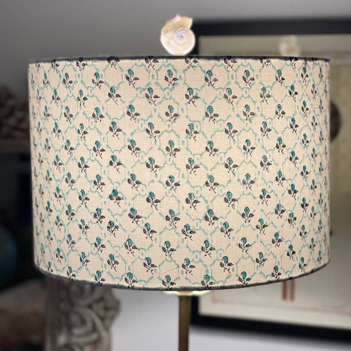 Olive and Limpet – wholesale Lampshade – 12 Inch Drum Shade. Indian Hand Block Print. Pretty Teal Lattice and Buta Pattern.1